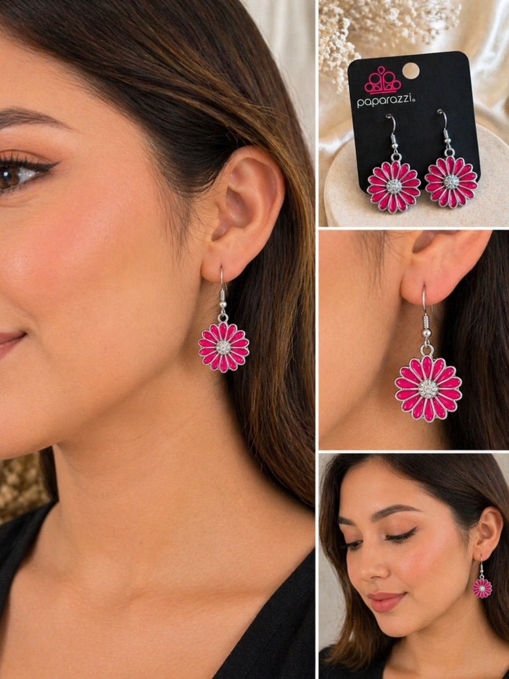 paparazzi Pink Daisy Drop Earrings - Silver Center 💚2 Pairs of Earrings